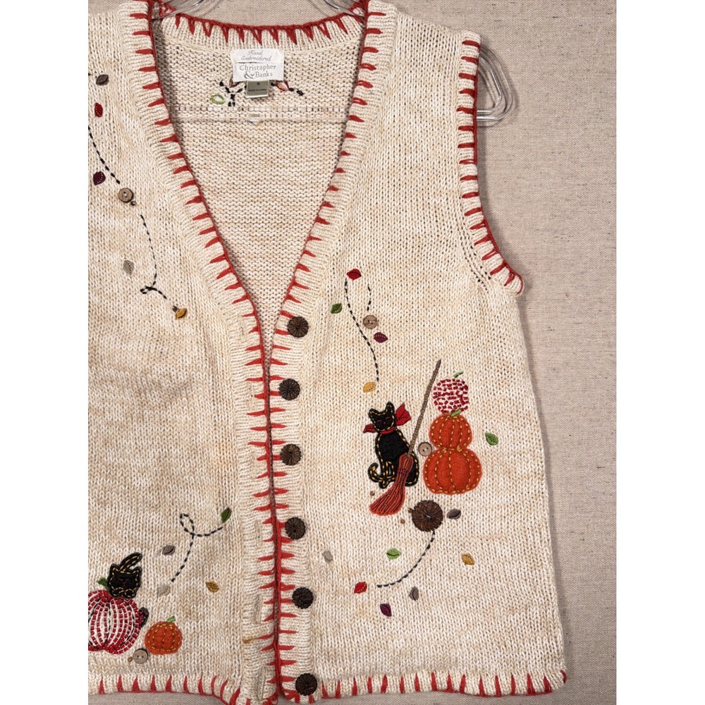 Christopher & Banks Vintage Halloween Cat Pumpkin Embroidered Knit Vest Small